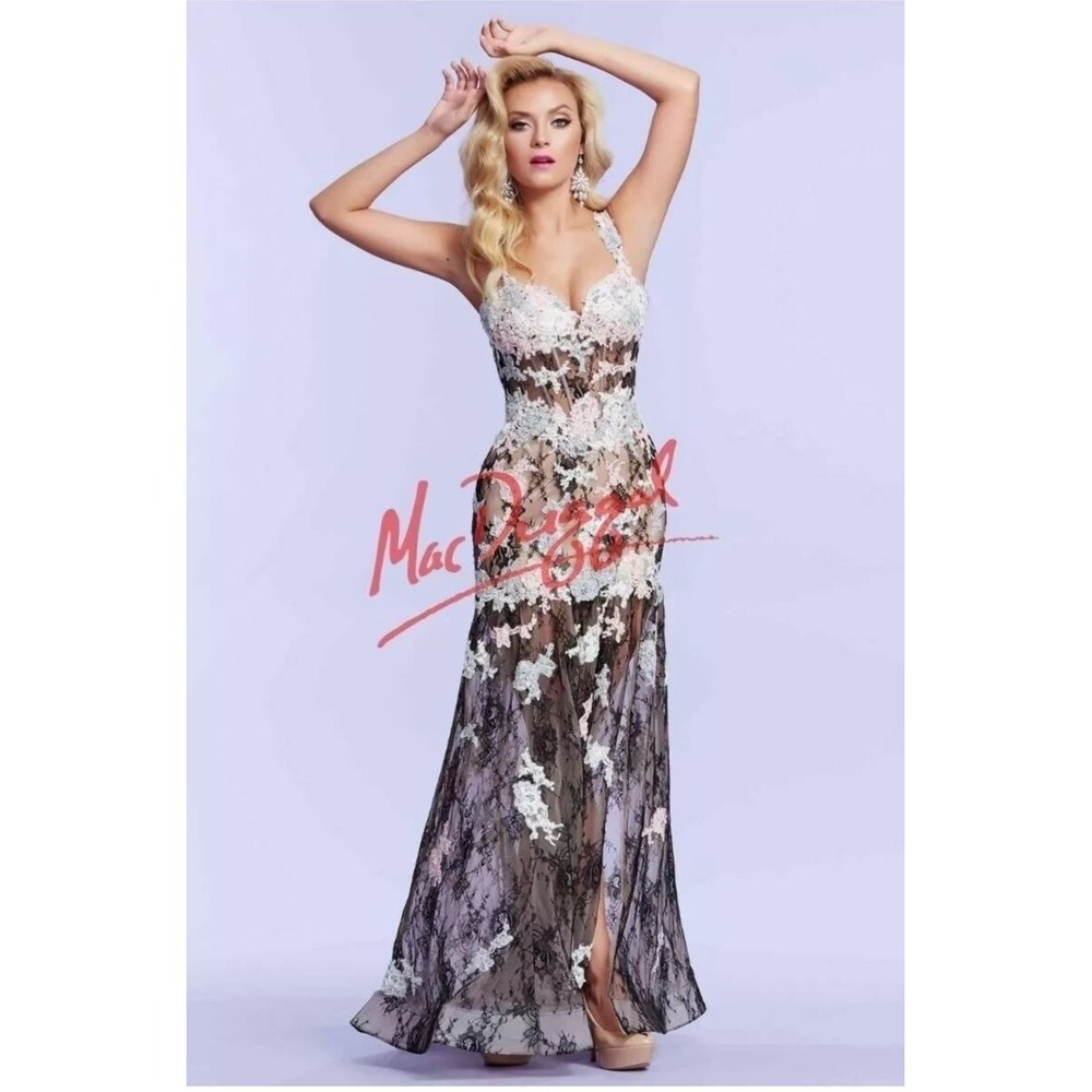 Mac Duggal Corset Illusion Lace Gown Dress‎ SZ. 2 Black Pearl New With Tags